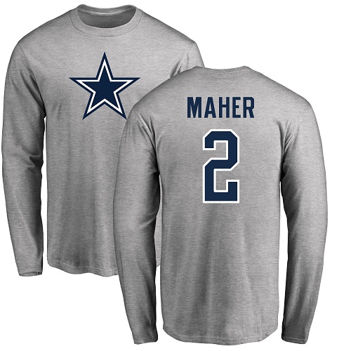 Men Dallas Cowboys Ash Brett Maher Name and Number Logo #2 Long Sleeve Nike NFL T Shirt